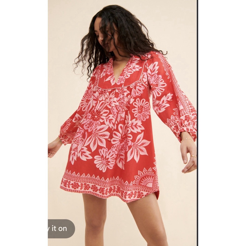 Farm Rio Flora Tapestry Long-Sleeve Mini Dress Red with Pockets SZ Medium Boho